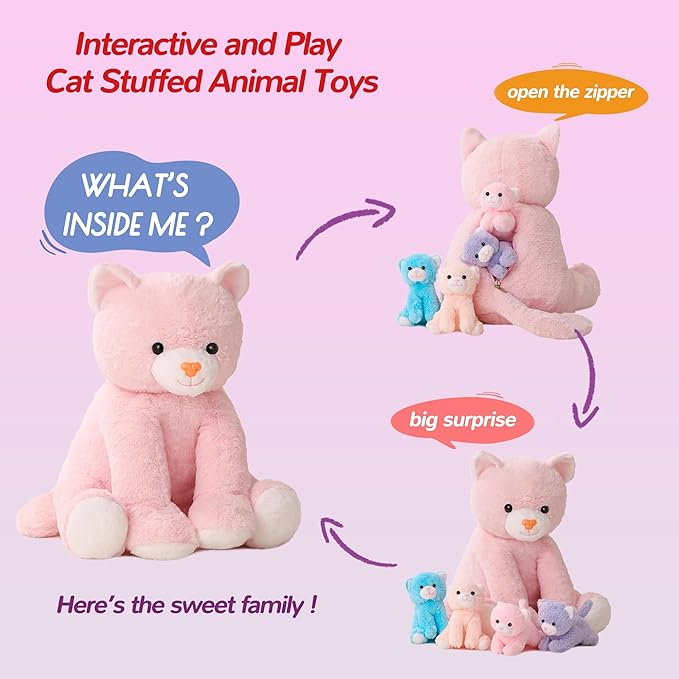 5 Pieces Cat Stuffed Animals for Girls, 1 Mommy Cat with 4 Babies, Soft Plush Cat Toy Set for Kids 3-9, Gifts for Christmas, Birthday, Children's Day, Valentine's