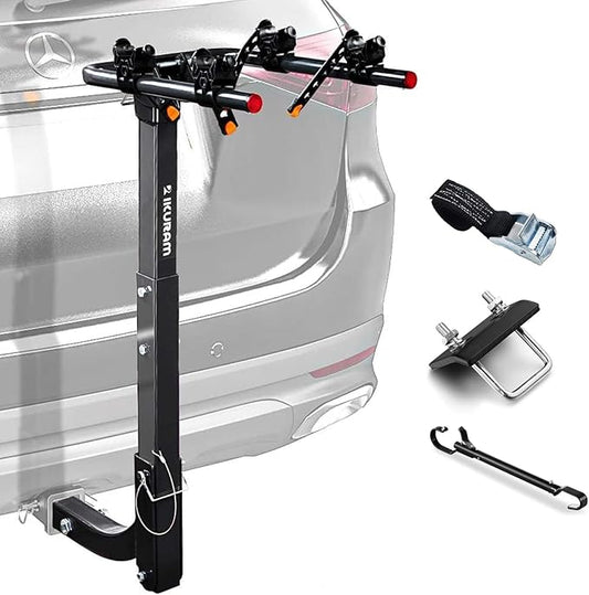 2 Bike Rack Bicycle Carrier Racks Hitch Mount Double Foldable Rack for Cars Truck SUV Fits 2" Receiver, Tie Down Strap, Anti-Rattle Hitch Tightener & Bicycle Cross-bar Adapter for Kid’s Bike