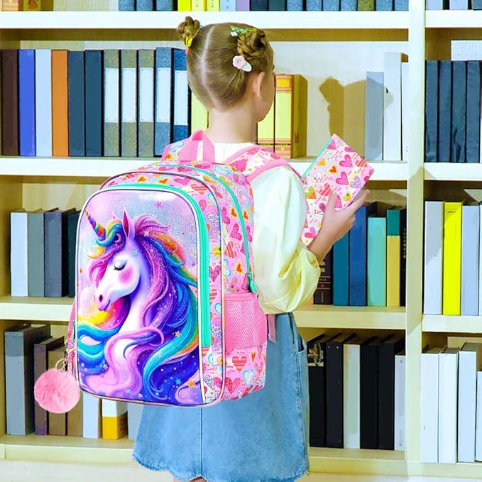 CCJPX 3Pcs Unicorn Backpack, 16” Kids Girls Bookbag with Lunch Box, Water Resistant Elementary School Bag for Kindergarten Preschool Toddler (Pink)