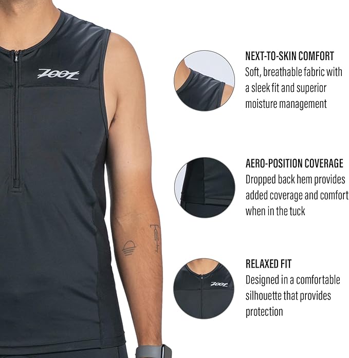 Zoot Men’s Core Tri Tank, Performance Triathlon Race Tank Top, UPF 50+ Fabric, Rear Pockets, Mesh Panels, & Cam Lock Zipper