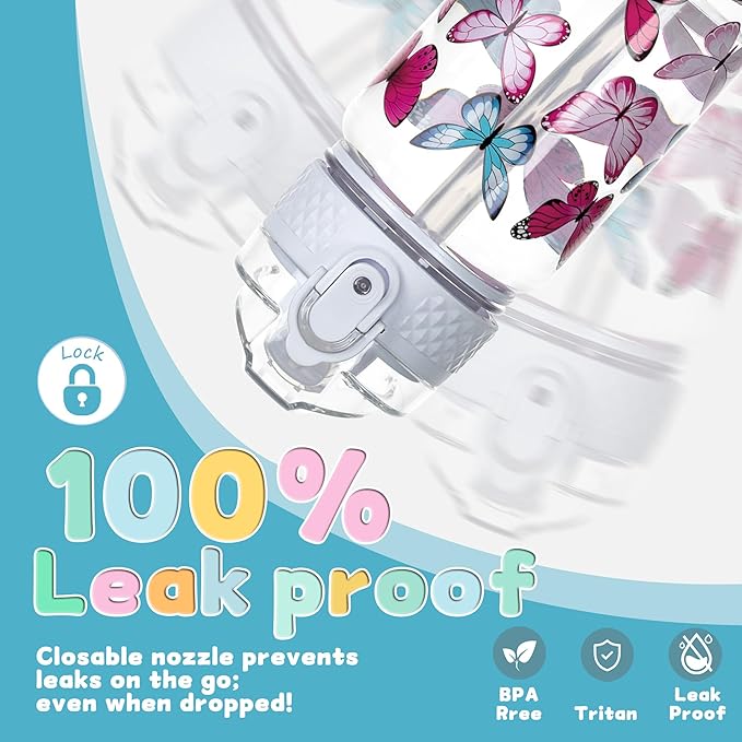 OLDLEY 17oz Kids Water Bottle for school Girls Boys, Water Bottle With Silicone Straw, Leak-Proof Tritan BPA-Free, Reusable water bottles for kids, Clear Butterflies