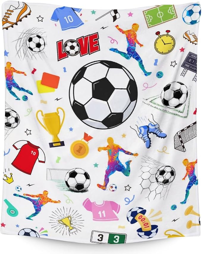 Soccer Blanket for Soccer Lovers - 60x80 Inches Twin Size - Soft Fuzzy Cozy Throws Gifts for Team Players - Colorful Sports Throw Blanket for Couch, Living Room & Bed