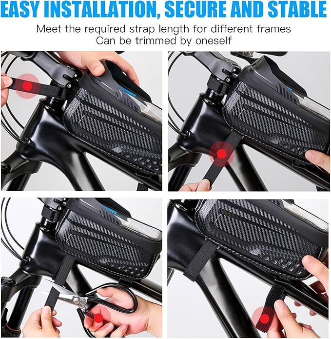 Waterproof Bike Bag, Long Extension Strap, Top Tube Bag Under 6.9'', Large Capacity, Touch Screen Compatible