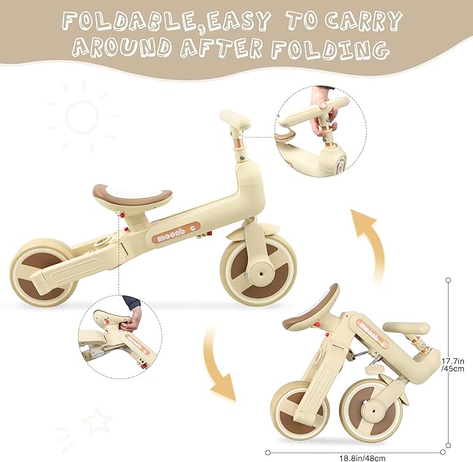 WEEROCK 6 in 1 Foldable Toddler Tricycle Kid Tricycles with/Without Parent Steering Push Handle Boys Girls Balance Bike for 1-6 Years Old Toy Gift, Beige