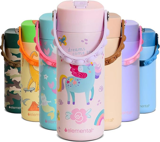Elemental Insulated Kids Water Bottle, Stainless Steel Water Bottle with Straw Lid & Pop-It Handle, Leak-Proof Water Bottles for School, Boys or Girls, Travelling and Sports, 18oz - Unicorn Rainbow