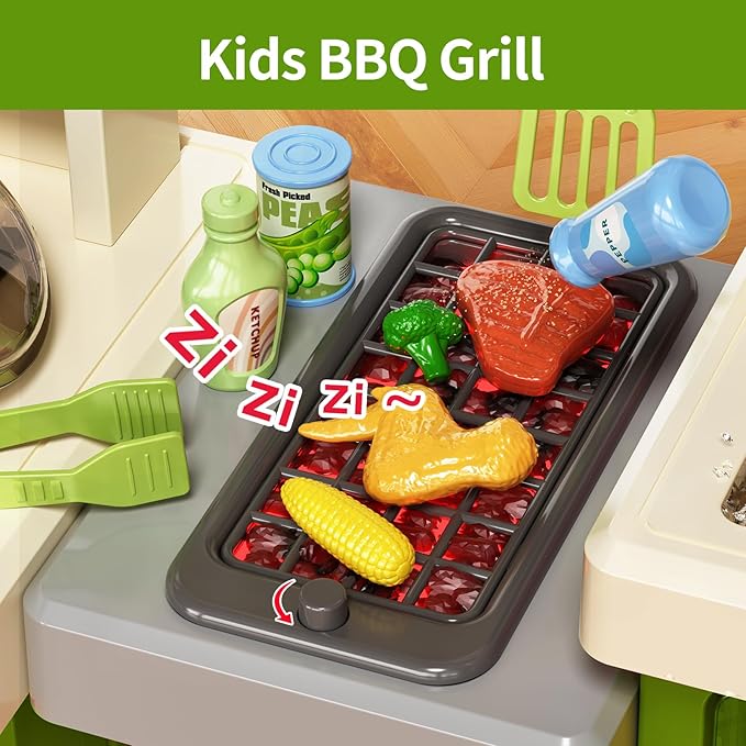 Kids Kitchen Playset, Play Kitchen with Electric Stove, Grill, Sink, Play Food, ToyKitchen Accessories, Kitchen Interactive Play with Lights Sound Steam, Cooking Toys for Toddler Kid Gifts