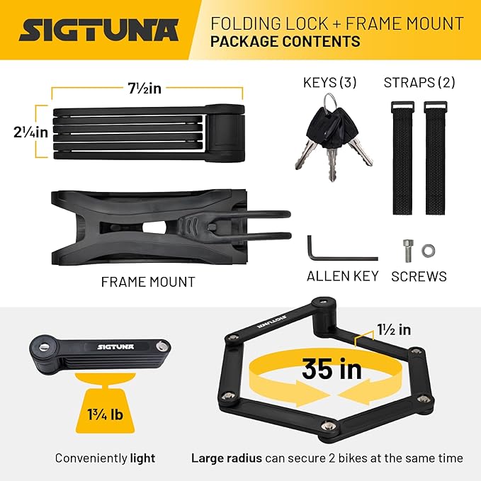SIGTUNA Folding Bike Lock - Hardened Steel 8mm Fold-Up Heavy Duty Bike Lock with Easy Mounting, Secure Lock and Anti-Scratch Coating - Easily Keep Bike Secure and Paintwork Undamaged - Bicycle Lock
