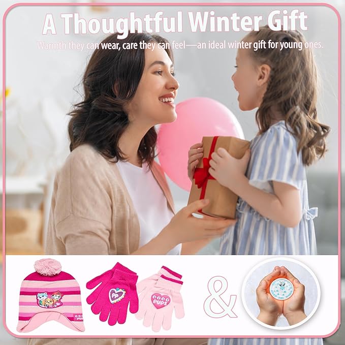 Nickelodeon Paw Patrol Girls Winter Hat and 2 Pair Mittens or Gloves (Age 2-7), Size Age 4-7, Paw Patrol Light/Dark Pink Glove with Handwarmers
