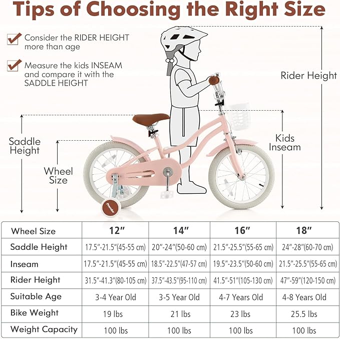 COSTWAY Kids Bike, 12 14 16 18 Inch Toddler Bike Children Bicycle w/Training Wheels, Hand & Coaster Brakes, Adjustable Saddle & Handlebar, Basket, Bell, Kids Bicycle for Girls Boys Aged 3-8 Years Old