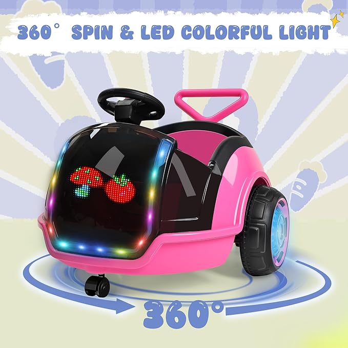 ANPABO 3-in-1 Electric Push Ride On Car, 12V Kids Ride On Toy w/Remote Control, 360° Spin, LED Display, Colorful LED Light, 5-Point Safety Belt, Music Player, Push Car for Toddler Ages 1-3 (Pink)