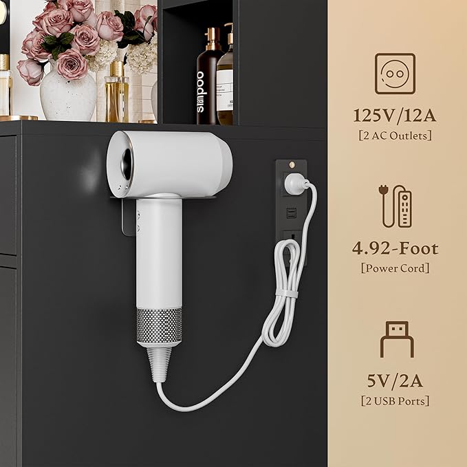 Makeup Vanity Desk with Mirror and Lights, Black Vanity with Glass Top, LED Lights & Power Outlet, 3 Drawers & 2 RGB Glass Cabinets, Adjustable Lighted Dressing Table for Women & Girls Bedroom