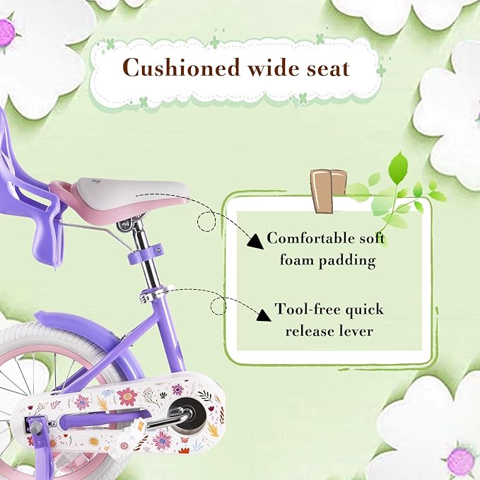 RULLY Daisy Kids Bike for Girls Ages 2-9 Years, 12 14 16 18 Inch Princess Girls Bicycle with Doll Bike Seat, Training Wheels, Basket and Streamers, Kids Cycle Bikes, Multiple Colors