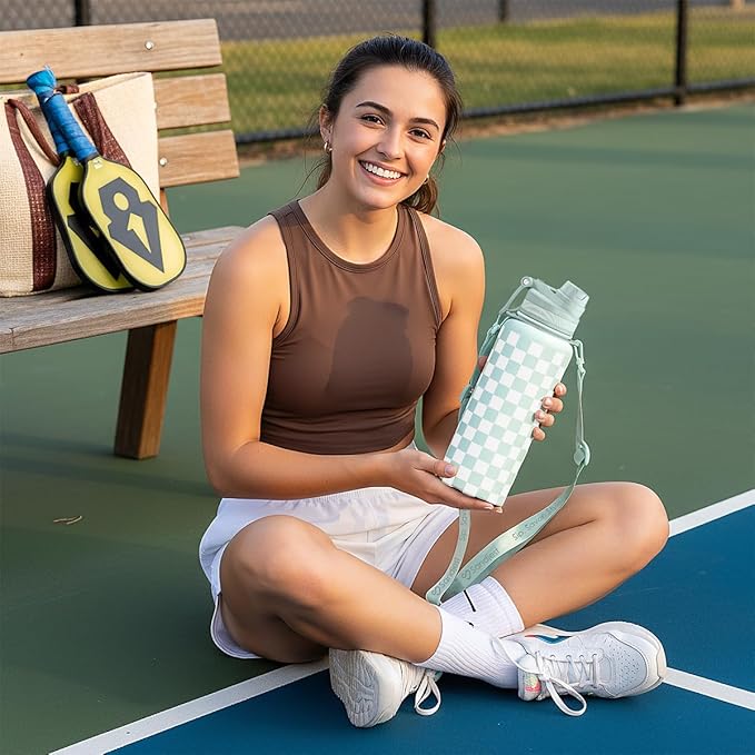 SANDJEST Checker Stainless Steel Water Bottle with Strap 32oz, Insulated Bottles with Straw and Spout Lid for Gym Sports Travel Outdoor, Gifts for Women Girls Birthday Christmas