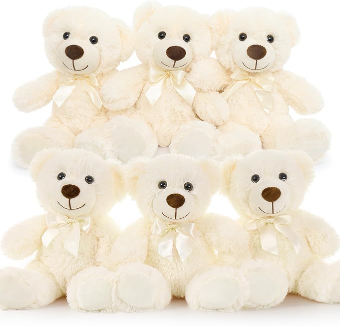 MorisMos 6Pcs Teddy Bears Bulk Baby Shower, 14inch Cute Teddy Bear Stuffed Animals Plush, Small Stuffed Bears on Centerpiece Baby Shower, White
