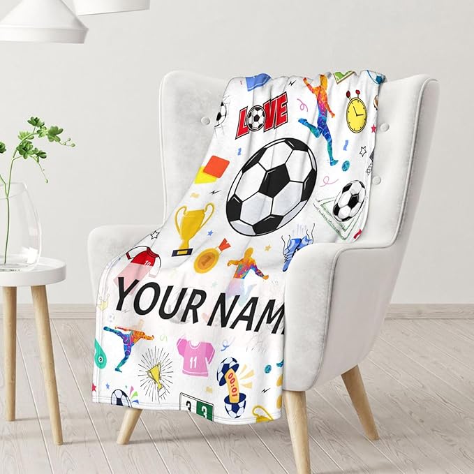 Personalized Soccer Blanket for Kids - 40x50 Inches Small Size - Soft Fuzzy Cozy Throws Gifts for Soccer Players - Colorful Sports Throw Blanket for Couch, Living Room & Office