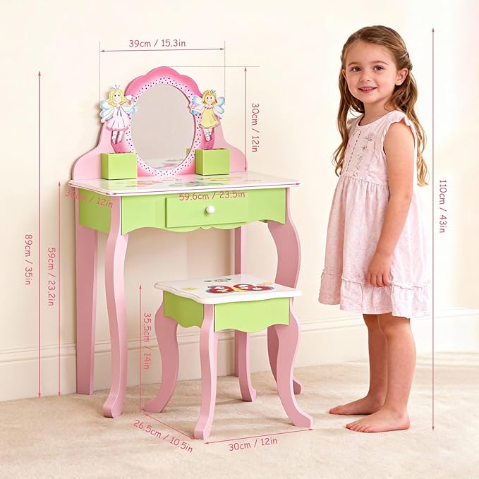 Kids Vanity Set Wooden Princess Play Makeup Table with Mirror, Drawer & Flower Fairy Design, Includes Stool - Toddler Girls Dress Up Dressing Furniture Gift for 3+ Years (Pink/Green)