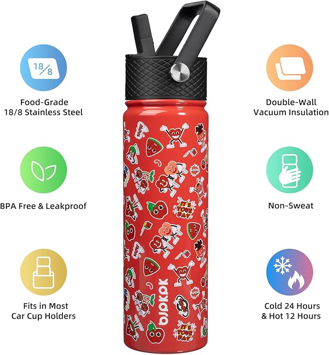 BJPKPK Insulated Water Bottle with Straw Lid, 22 oz Stainless Steel Metal Water Bottles, Reusable Leak Proof BPA Free Water Bottles, Cups, Thermo, Passionate-Red