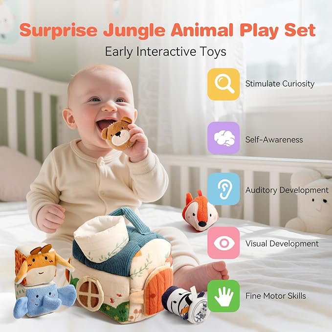 Youuys Travel Sensory Toys for Babies 6-12 Months & Toddlers 1-3 Year Old On-The-Go Montessori Soft Stuffed Animal Set with Crinkle, Rattle, Safe Mirror Educational for Kids Boy Girl