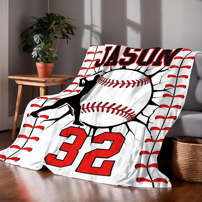 Personalized Baseball Blankets with Name Numbers, Custom Baseball Team Game Throw Flannel Blankets Stuff Gifts for Boys Sports Lover Fans Kids Adult