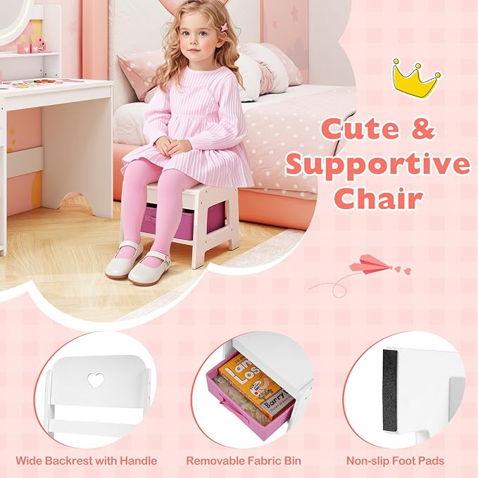 HONEY JOY Kids Vanity with Lights, Wooden Princess Makeup Dressing Vanity Desk with Jewelry Storage, Open Shelves, 2 in 1 Toddler Vanity Table & Chair Set with Lighted Mirror for Little Girls(White)