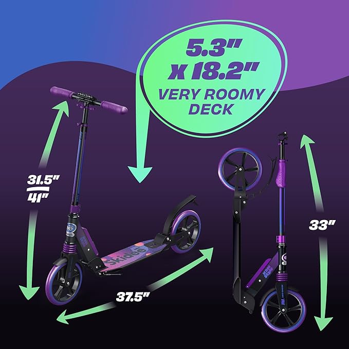 Skidee Adult & Teen Scooter Adjustable Height, Folding, Large Wheels, Lightweight, Durable, Anti-Shock Suspension, Up to 220 lbs