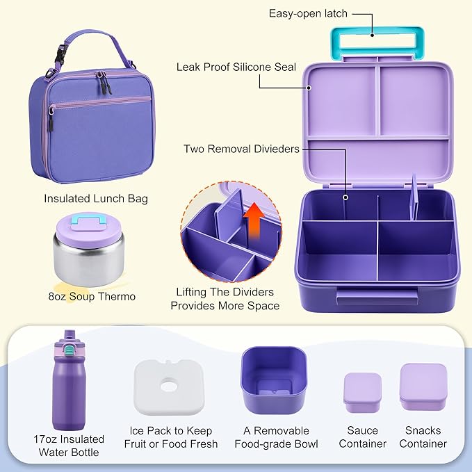 Bento Lunch Box for Kids with Thermos, Leakproof Bento Box with 8oz Insulated Food Jar, Insulated Bottle, Lunch Bag, BPA Free Dishwasher Safe 4 Compartment Container for School Girls Boys (Purple)