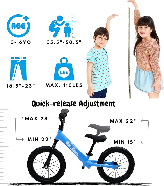 14 Inch Balance Bike for Kids 3-6 Year Old, No Pedals, Air Rubber Tires, Adjustable Height, Pedalless Bicycle for Boys, Girls, Green