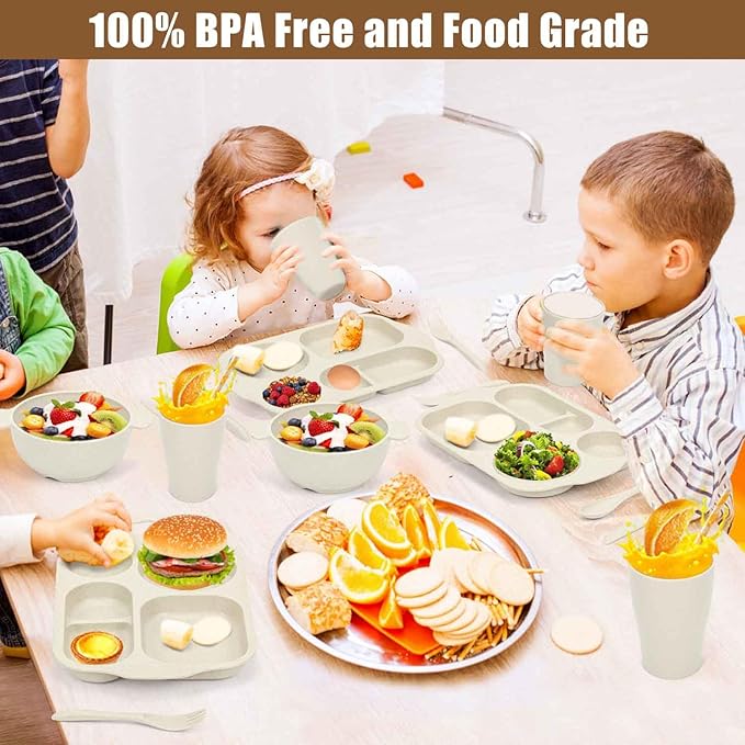 24 PCS Wheat Straw Dinnerware Set for Kids Toddler Plate Bowl Cup Set Unbreakable BPA-Free Tableware with Divided Plate Microwave Dishwasher Safe Perfect for Home School Picnics
