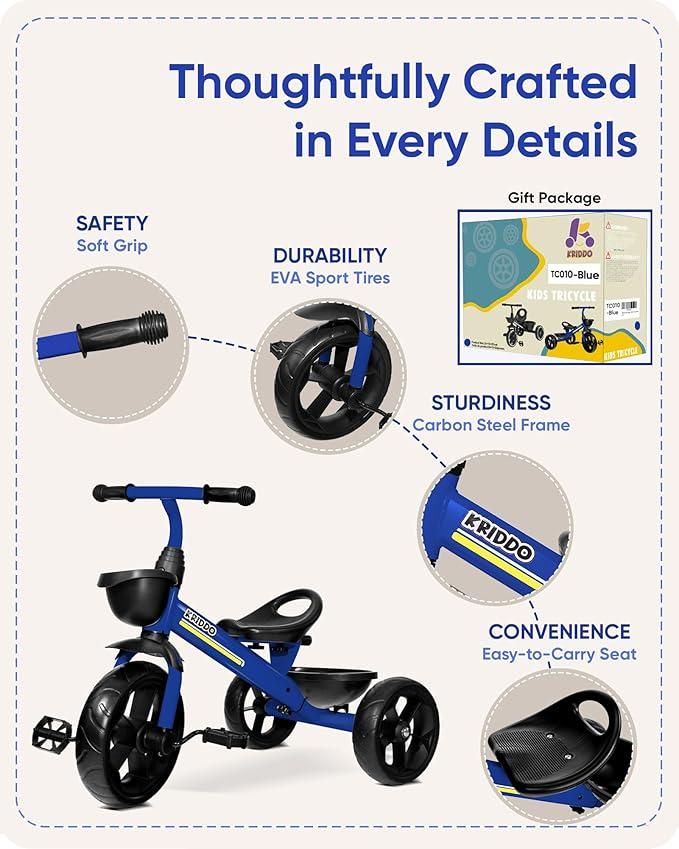 KRIDDO Kids Tricycles Age 24 Month to 4 Years, Toddler Kids Trike for 2.5 to 5 Year Old, Gift Toddler Tricycles for 2-4 Year Olds, Trikes for Toddlers, Sporty Styling, Blue