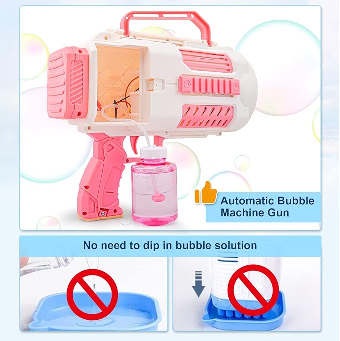 Upgraded Bubble Gun No Dip, Bubble Machine Gun with Light, 9000+ Bubbles Per Min Bubbles for Kids Toys, 2025 Top for Kids, Grandkids, Boys, Girls 3-12 Years Old -Pink