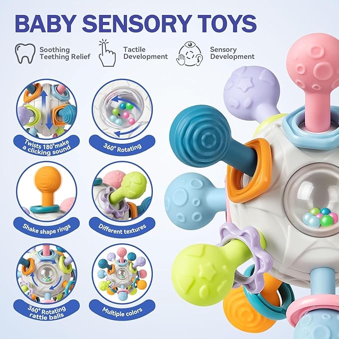 Baby Toys 6 to 12 Months, 5 In 1 Montessori Toys for 1 Year Old, Incl Travel Pull String Toy & Rattle Teether & Stacking Baby Block & Soft Infant Ring & Sensory Ball for Toddler 0-3-6-9-12 Month