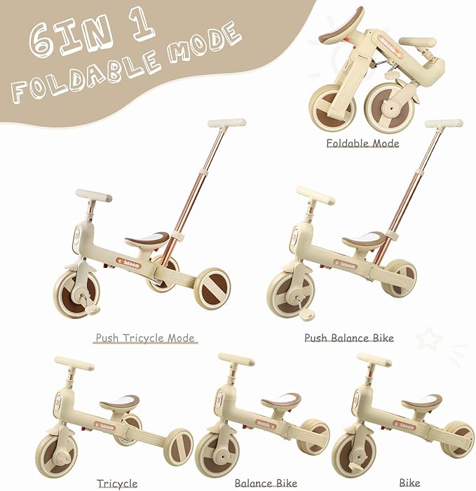 WEEROCK 6 in 1 Foldable Toddler Tricycle Kid Tricycles with/Without Parent Steering Push Handle Boys Girls Balance Bike for 1-6 Years Old Toy Gift, White