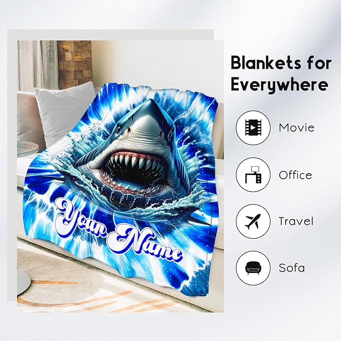 UNIKITTY Personalized Blanket for Kids, Shark Blanket for Boys, Custom Shark Gifts for Toddlers, Warm Fluffy Tie Dye Throw for Couch (4 Sizes)