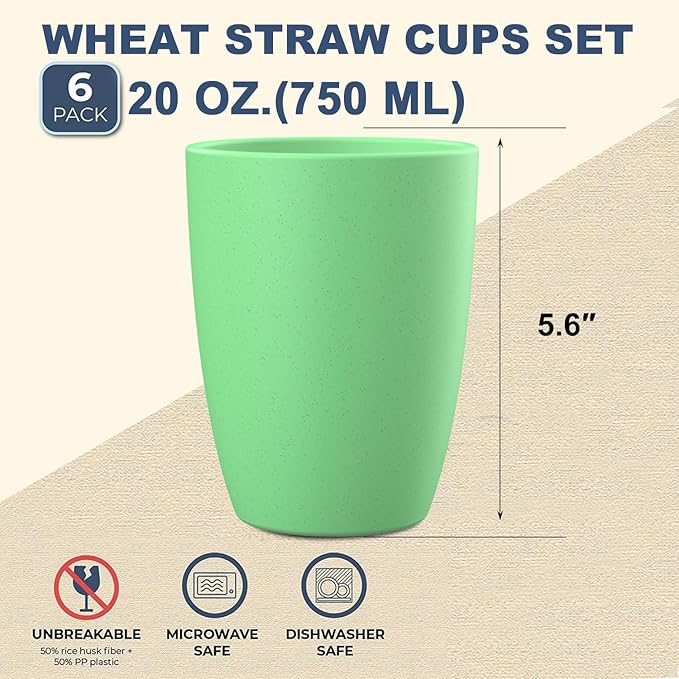 unbreakable wheat straw cups 20oz set of 6 with textured pattern anti slipping,big plastic drinkings cups microwave safe and dishwahser safe.White-Green-Blue
