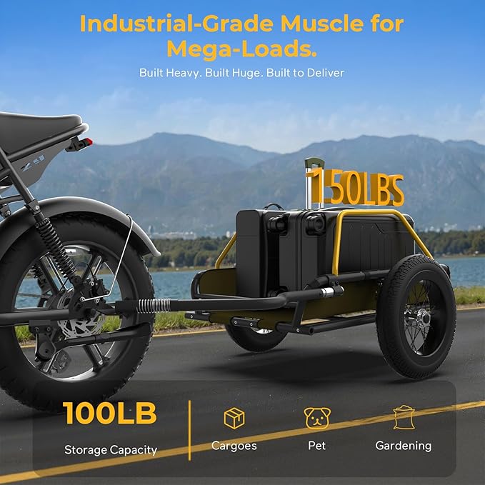 Heavy-Duty Bike Cargo Trailer, 3-in-1 Collapsible Foldable Design with 150lb Capacity Universal Hitch & Removable Caster Dual Shock Absorbers, Quick Release 16" Wheels Bicycle Traile
