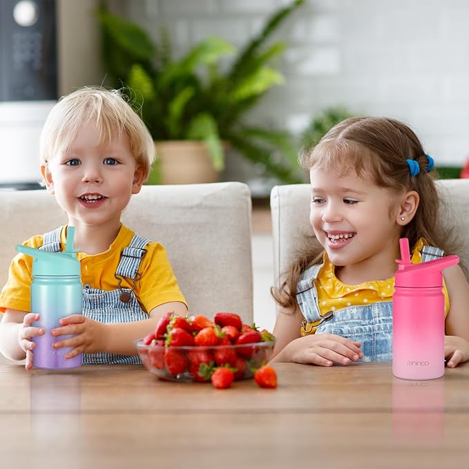 Mininoo Insulated Kids Water Bottle, 12 oz Stainless Steel Water Bottle Kids with Straw Lid and Chug Lid for Girls, Boys (Sweat Peach)