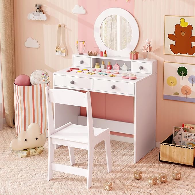 Costzon Kids Vanity, Princess Makeup Dressing Desk with Mirror and Stool, 4 Storage Drawers, Pretend Play Vanity Table and Chair Set for Little Girls (White)