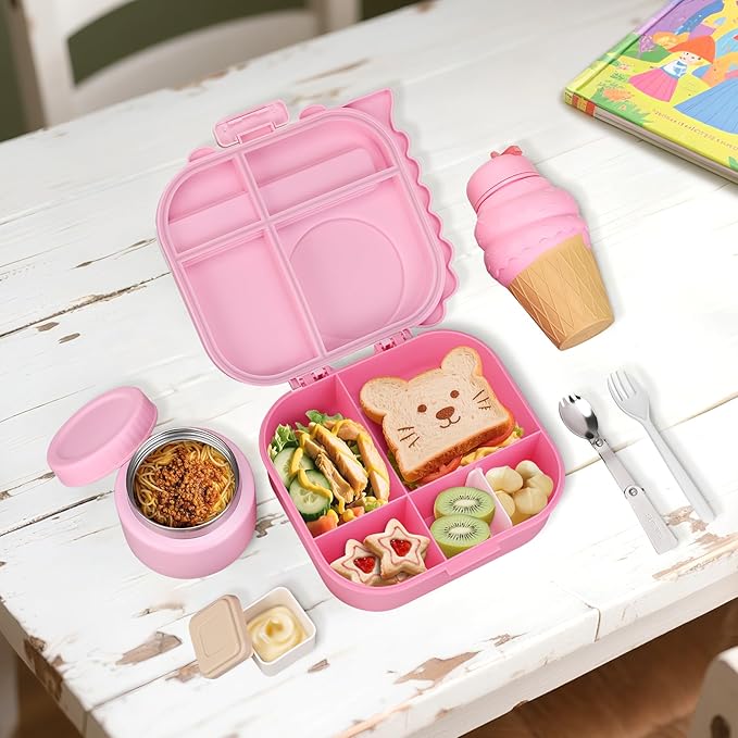 Dinosaur Lunch Box for Kids with Secret Compartment | 4 Compartments Bento Box + 12oz Insulated Food Jar | Leak-Proof Sauce Cup & Collapsible Spoon | BPA-Free, Dishwasher Safe(Grey+Grey Jar)