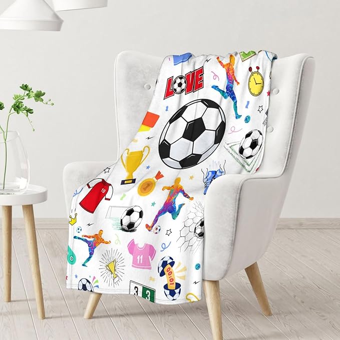 Soccer Blanket for Kids - 30x40 Inches Lap Size - Soft Fuzzy Cozy Throws Gifts for Soccer Players - Colorful Sports Throw Blanket for Couch, Living Room & Office