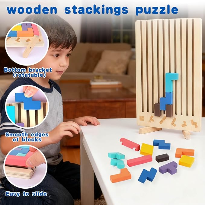 Wooden Colored 3D Russian Block Stacking Puzzle, Montessori Educational Toy for Toddlers Ages 3+ Fun Brain Teasers Family Board Game and Classroom Activities
