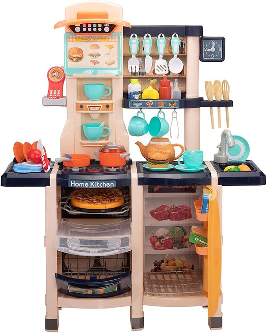 Kids Kitchen Play Set，Interactive Kids Kitchen Play Set with 65Pcs of Pretend Kitchen Toys，Realistic Sound Effects，and Simulated Functionality - Suitable for Toddlers Aged 2-12 Years (Blue)