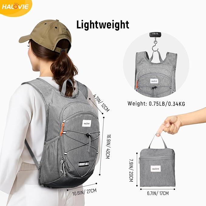 HALOVIE 15L Foldable Hiking Backpack Phone Pocket Lightweight Travel Daypack Shoulder with Chest Strap Small Packable Pack for Walking Women Men (Lightgray)