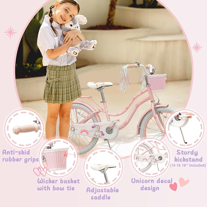 Princess Style Girls Bike with Basket for 2-13 Years Old Kids and Toddlers, 12 14 16 18 Inch Bicycle for Children with Training Wheels and Streamers, 20 Inch with Kickstand, Multiple Colors