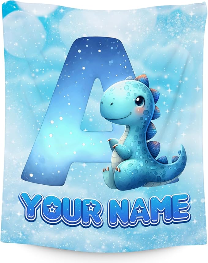 Dinosaur Blanket - Personalized Kids Blankets with Name for Boys Girls - Custom Monogram Gifts for Son Daughter - Lightweight Flannel Throws - 4 Sizes for Toddler/Children/Teens/Adults
