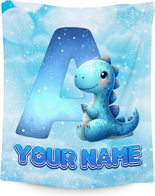 Dinosaur Blanket - Personalized Kids Blankets with Name for Boys Girls - Custom Monogram Gifts for Son Daughter - Lightweight Flannel Throws - 4 Sizes for Toddler/Children/Teens/Adults