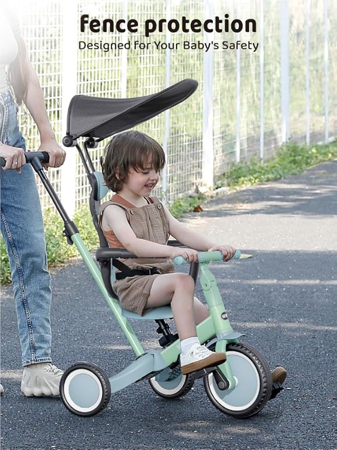 newyoo Toddler Bike, Tricycle for Toddlers 1-3, Toddler Tricycle with Push Handle and Canopy, Birthday Gift and Toys for Girl and Boy, 6 in 1 Baby Trike, Balance Bike, TR009, Green