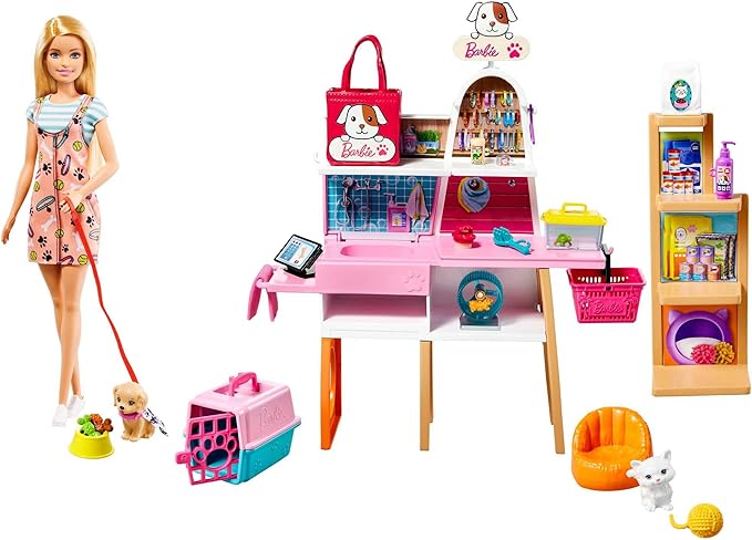 Barbie Doll (11.5-in Blonde) and Pet Boutique Playset with 4 Pets, Color-Change Grooming Feature and Accessories, Great Gift for 3 to 7 Year Olds