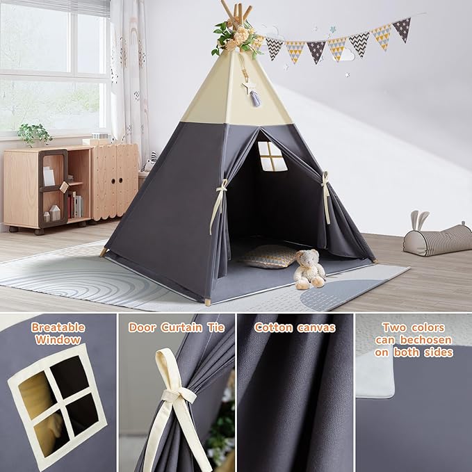 Teepee Tent for Kids, 100% Cotton Play Tent with Mat, Kids Teepee Tent with Colored Flag, Quality Portable Play Tent with Carry Bag for Girls and Boys Indoor Outdoor (Beige Gray with Mat)