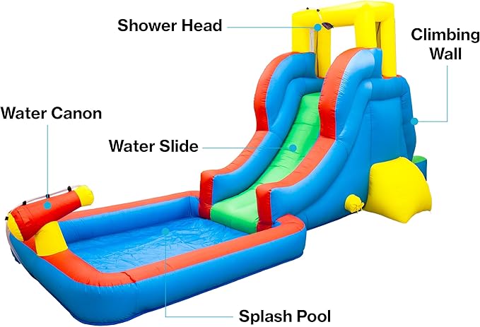 PicassoTiles KC108 Water Slide Park Inflatable Bouncing House w/Pool Area (Splash Zone), Climbing Wall, Shower Head Sprays Mounts, Water Cannon Mount and Heavy Duty GFCI ETL Certified 385W Blower