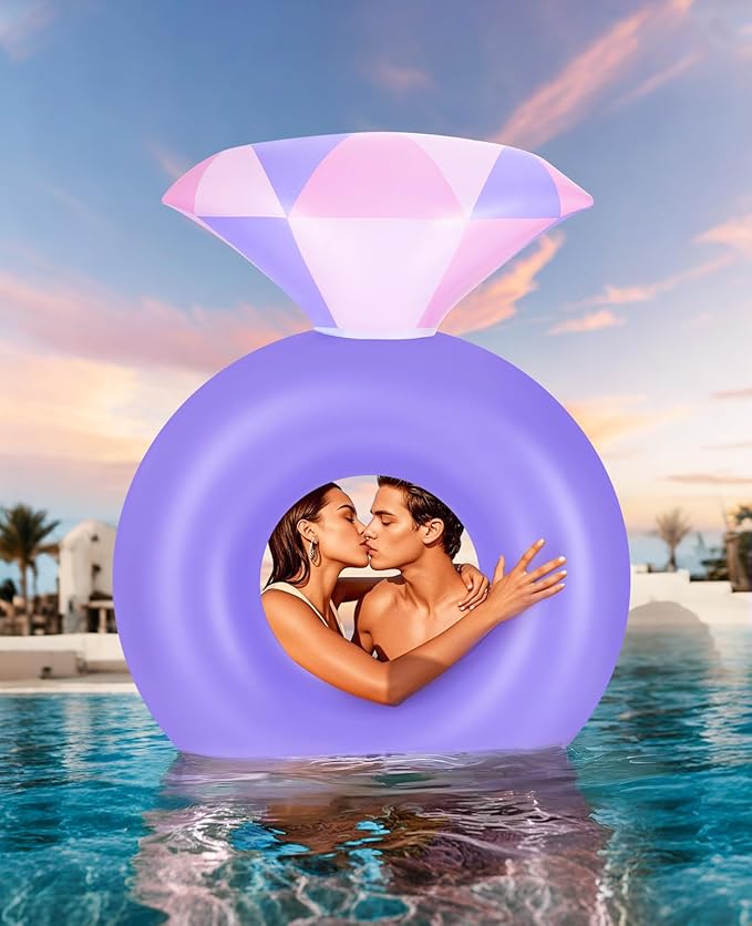 HeySplash Pool Floats, Inflatable Diamond Ring Pool Float, Large Engagement Ring Floatie for Bachelorette Party, Swim Tube River Lake Wedding Bride Stagette Decor Fun Toy Raft for Adults, Purple Pink